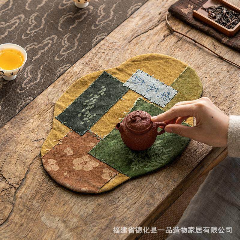 熹吾堂 手工拼布茶席 草木色扎染侘寂风干泡小茶席中式老粗布桌旗
