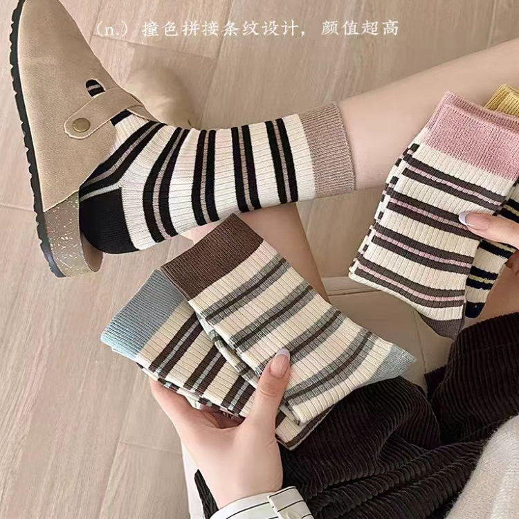 网红款条纹复古袜子女中筒春秋ins时尚韩版撞色运动风多巴胺色彩