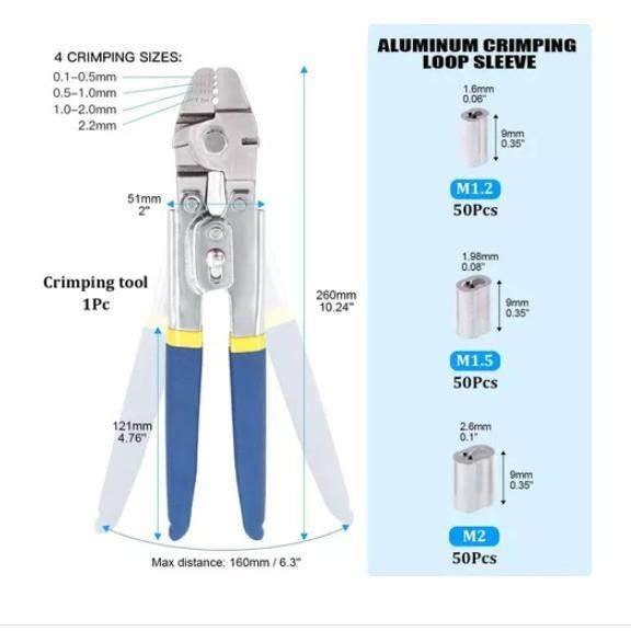 150pcs盒装8字形铝管套M1.2M1.5M2压线钳组合钢丝绳铝套钳套装