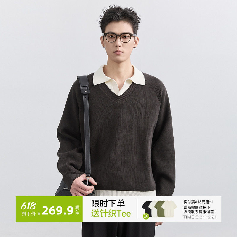 【假两件衬衫领毛衣】男25冬季新款韩版休闲领男打底针织衫
