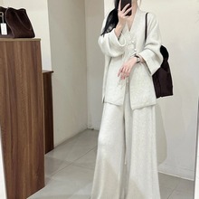 新中式女装国风盘扣针织套装奶fufu高端浣熊绒毛衣阔腿裤两件套冬