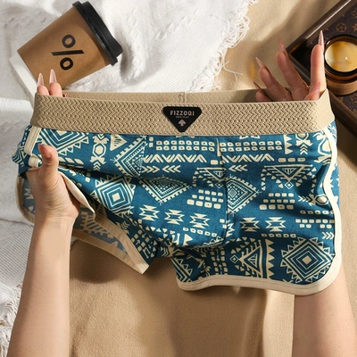 美式复古民族风男士裤男纯棉透气平角裤潮流阿玛雅印花四角短裤