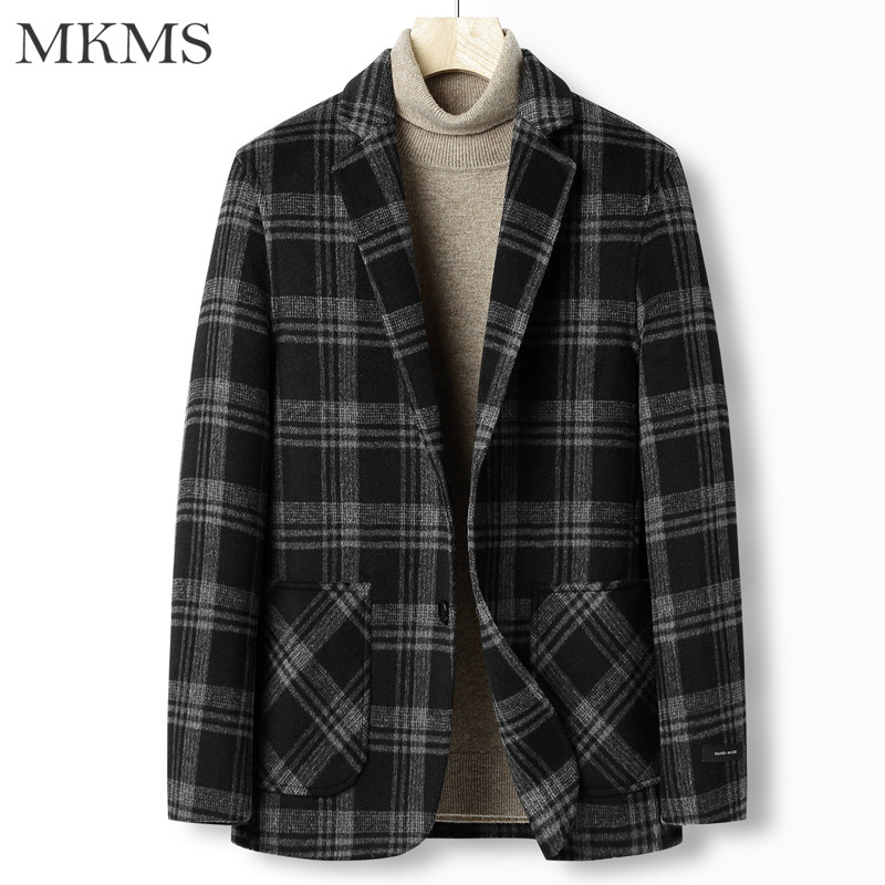 秋冬时尚双面呢西服男毛呢修身小西装纯羊毛时尚英伦大格子西装男