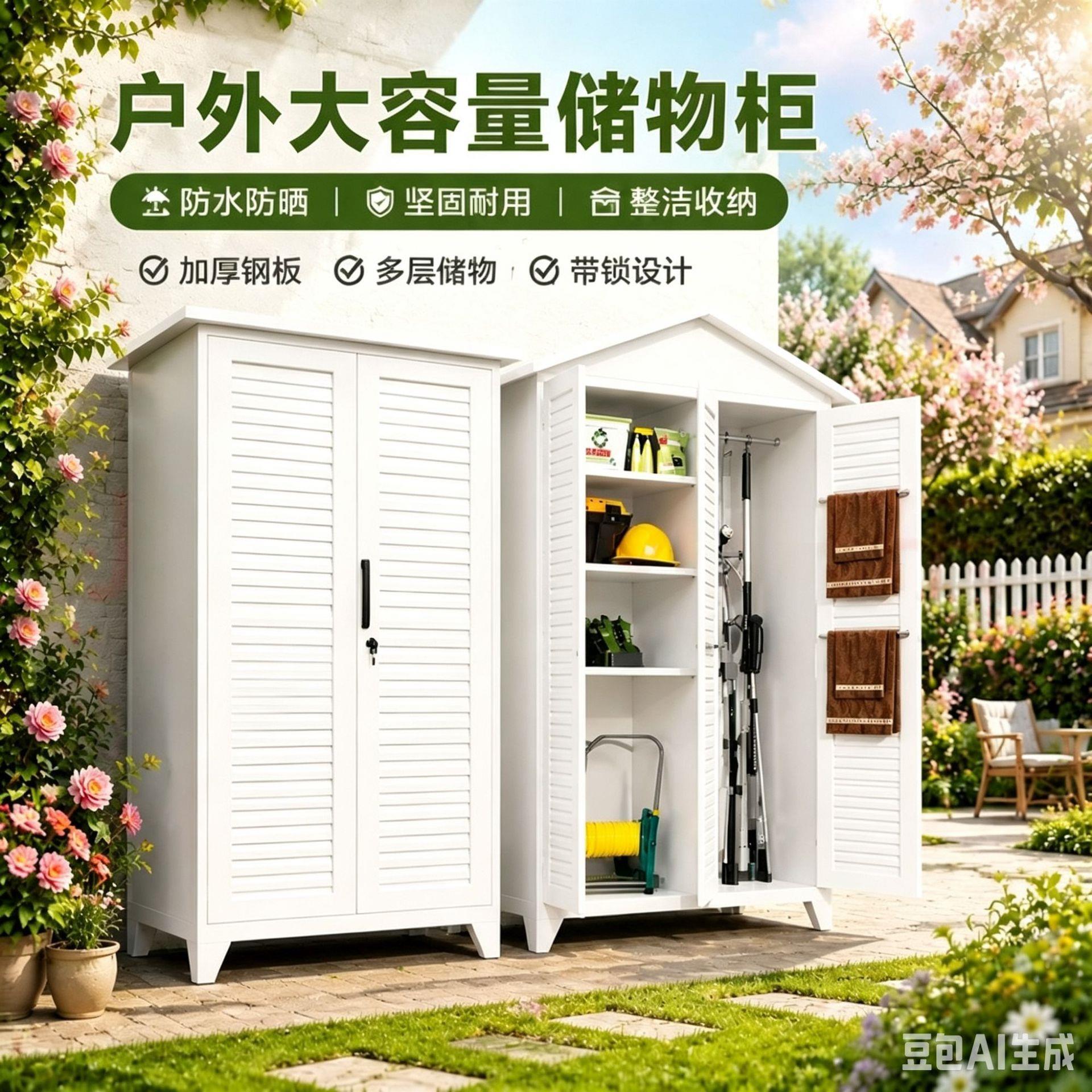 户外储物柜庭院工具柜阳台防水防晒铁皮柜子家用多功能收纳柜带锁