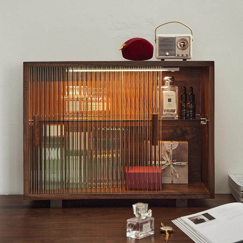 黑胡桃木餐边柜桌面防尘推拉门收纳储物柜餐具茶具水杯置物柜杯架