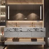 简约现代岩板无缝陶瓷双槽洗脸盆红橡木浴室柜组合化妆室洗漱洗手