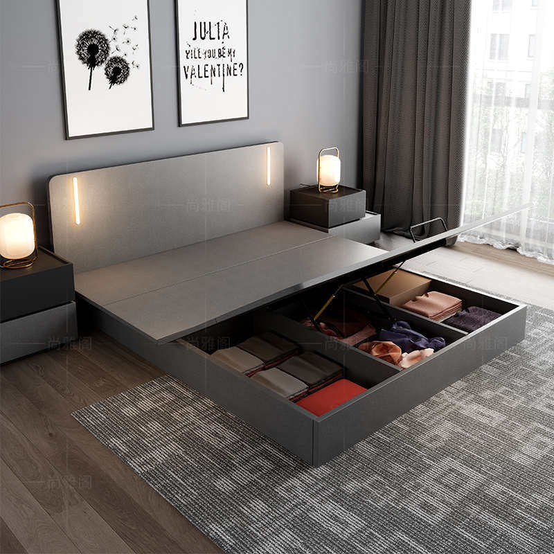 日式榻榻米床简约现代双人主卧室大床1.8米黑色高箱体储物地台床