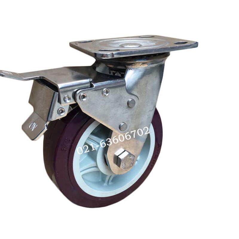 4x2超重型304不锈钢聚氨脂万向轮带刹车脚轮耐腐蚀工业手推车轮子