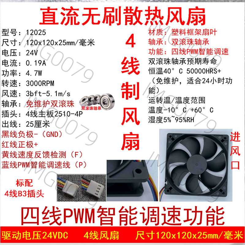全新12cm/厘米12025pwm四线4针 5v12V24伏智能控速双滚珠散热风扇