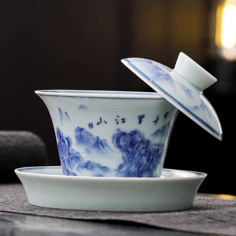 肖田青花悬停三才盖碗家用品茗杯陶瓷单个泡茶碗会客茶备喝茶杯子