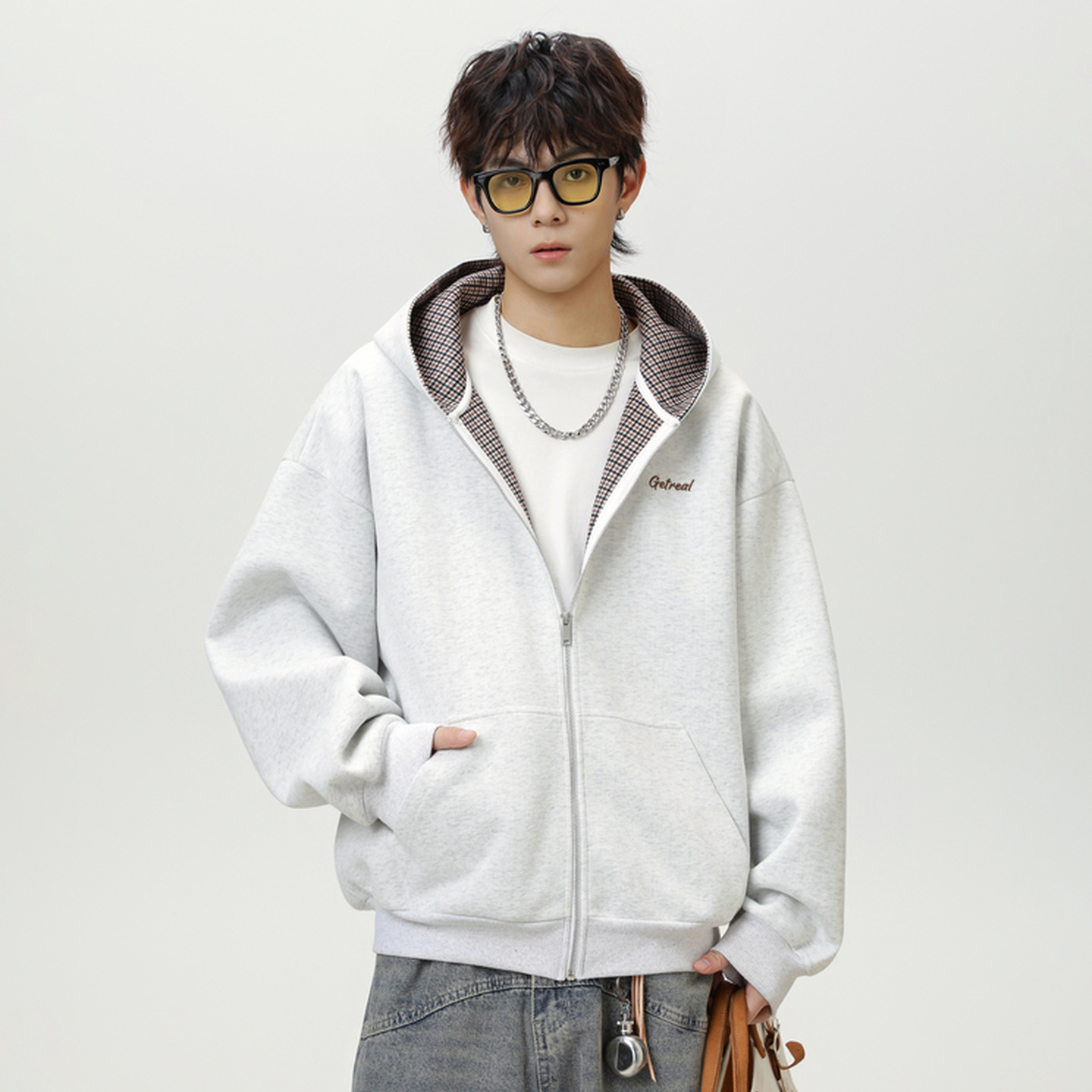 ROBINHOOD/罗宾汉千鸟格撞色内里连帽卫衣男秋季重磅复古短宽潮牌