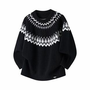 罗宾汉男士 男女宽松打底毛衣 高品复古重磅费尔岛提花圆领针织衫