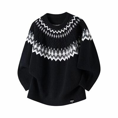 罗宾汉男士高品复古重磅费尔岛提花圆领针织衫男女宽松打底毛衣