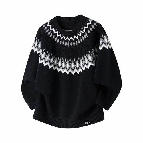 罗宾汉男士高品复古重磅费尔岛提花圆领针织衫男女宽松打底毛衣