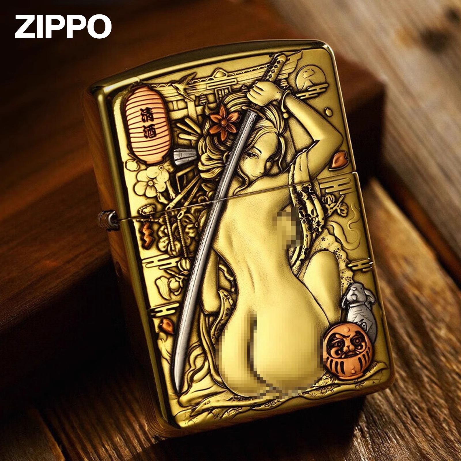 ZIPPO打火机纯铜浮雕鬼王清酒艺伎正品煤油防风盔甲火机男士礼物