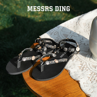 DING MD女鞋 ·伊莱卡·罗马凉鞋 平底真皮铆钉绑带夹趾凉鞋 MESSRS