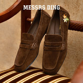 ·绒花·粉色乐福鞋 平底单鞋 一脚蹬复古反绒皮鞋 MD女鞋 软底豆豆鞋