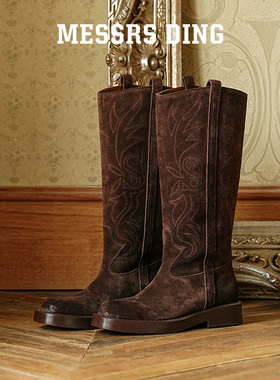 MD女鞋·蔓生·骑士靴刺绣反绒西部牛仔复古秋冬长筒靴MESSRSDING