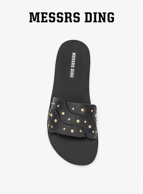 MD女鞋·卢娜·黑色平底真皮牛皮编织一字拖铆钉时装凉拖凉鞋夏季