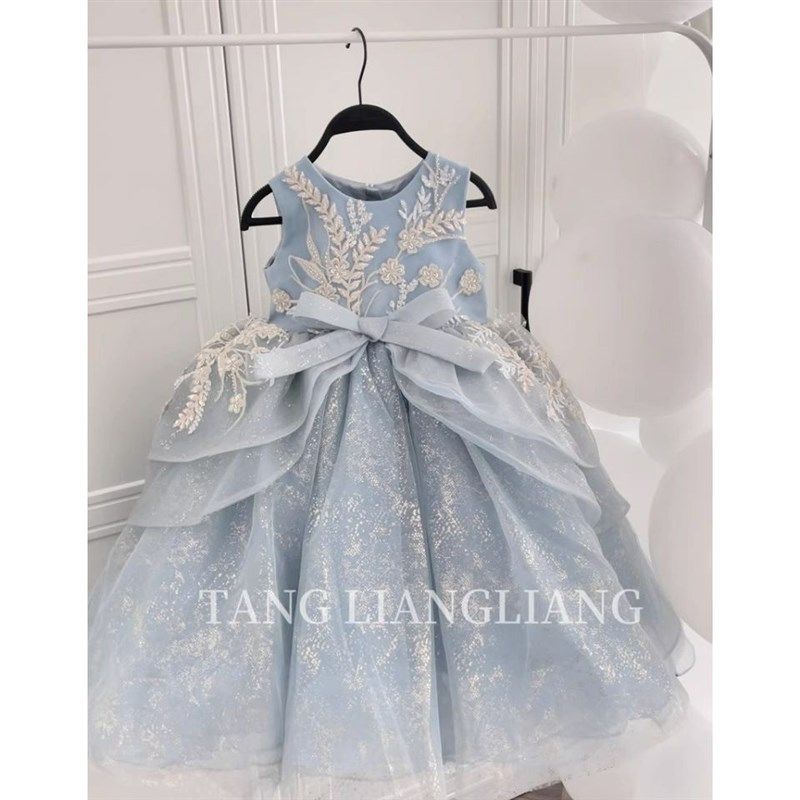 女童蓝色礼服公主裙生日花童走秀主持钢琴演出服儿童六一演奏亮闪