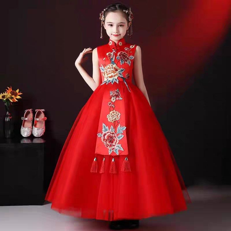 礼服公主裙高端女童新国潮中国风红色主持人走秀演出霸气晚礼服夏