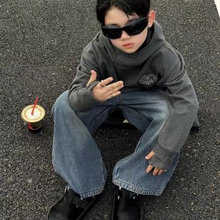 2024冬季新款男童德绒连帽打底衫儿童双面绒保暖插手指内搭上衣潮