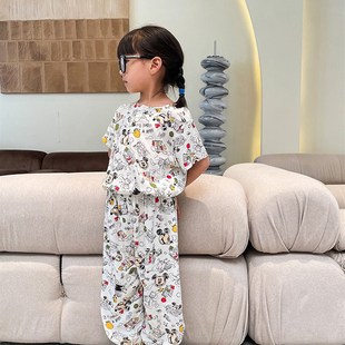 粥粥妈夏季棉绸套装薄款儿童防蚊裤绵绸短袖长裤子宝宝空调家居服