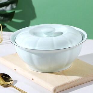 轻奢金边中式汤碗大碗南瓜品锅青瓷带盖汤碗家用陶瓷餐具多人喝汤