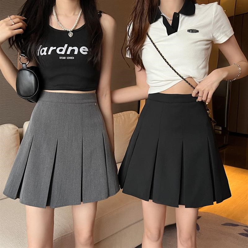 大码学院风百褶裙女夏高腰灰色a字裙显瘦防走光西装半身裙jk短裙