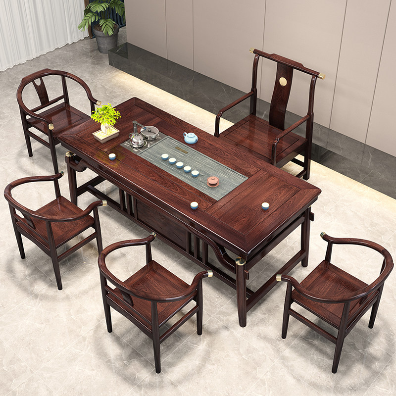 新中式花梨木茶桌椅组合一桌五椅1.8米紫檀色实木禅意办公室茶台