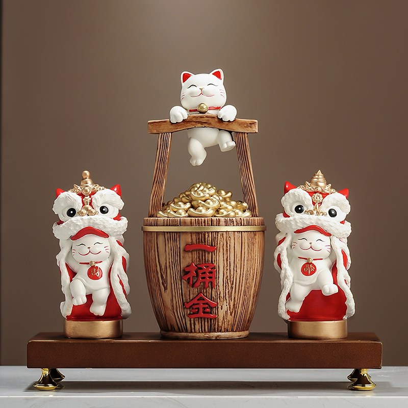 聚财一桶金招财猫新中式摆件家居客厅办公室装饰品乔迁开业礼物