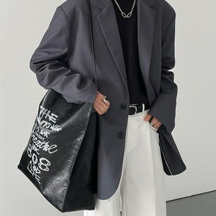外套男士 寬松灰色休閑西服上衣 時髦高級感復古寬松西裝 春秋新韓版