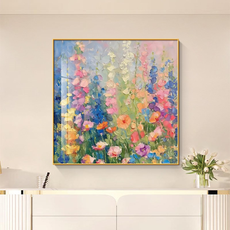 奶油风彩色花卉客厅装饰画小众艺术肌理感挂画方形高级感卧室壁画图片