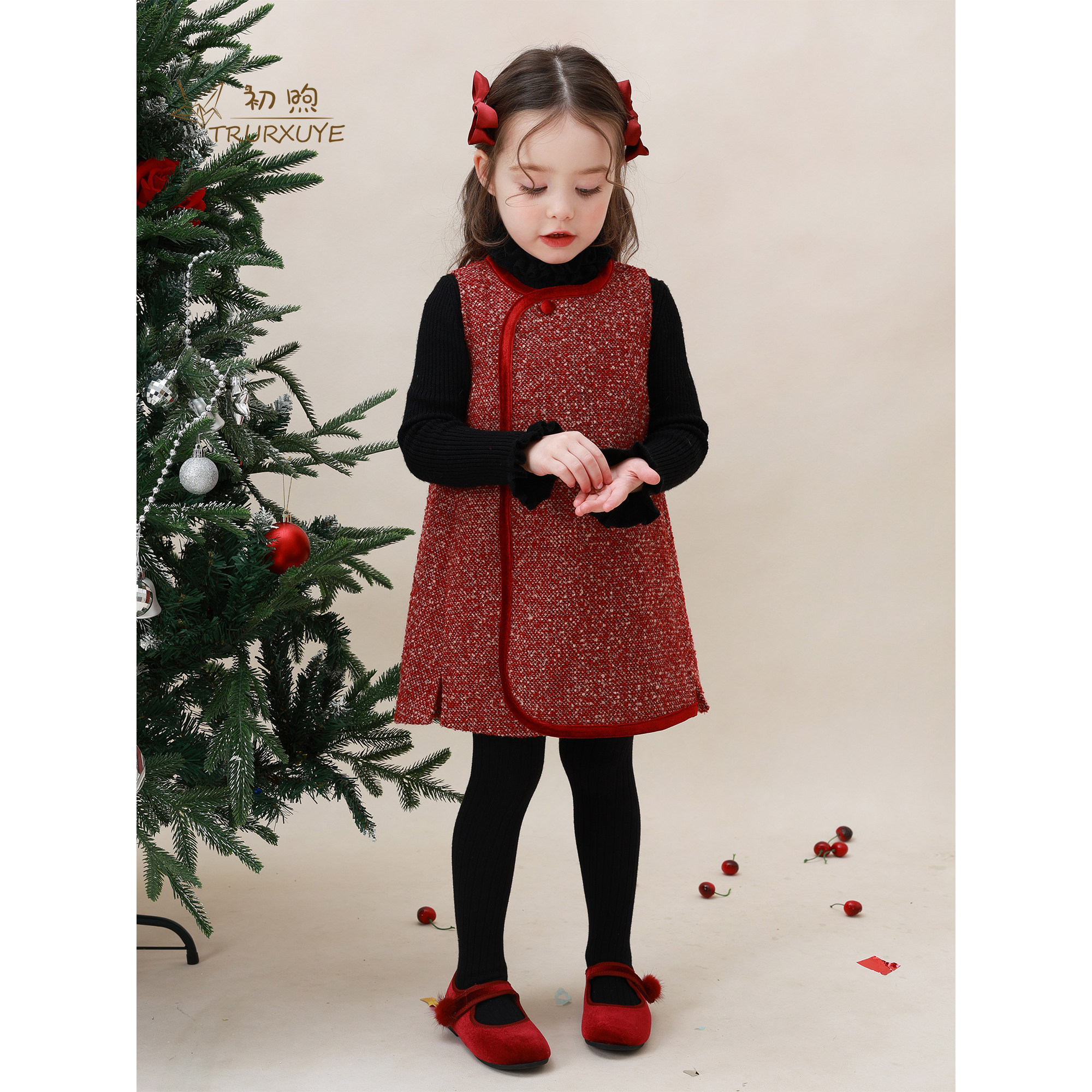 初煦 女童冬季羊毛混纺毛呢背心裙新中式圣诞节拜年服红色连衣裙,童装/婴儿装/亲子装,连衣裙,淘宝优惠券,粉丝福利购,淘宝优惠卷