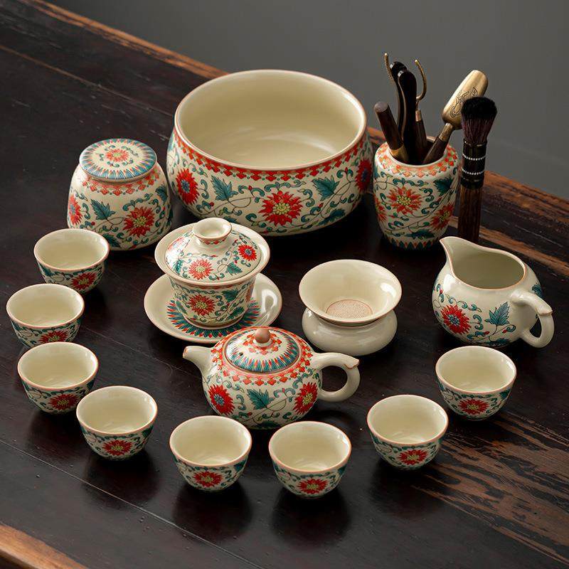 米黄汝窑花满红功夫茶具套装陶瓷茶杯可养开片办公整套礼盒装