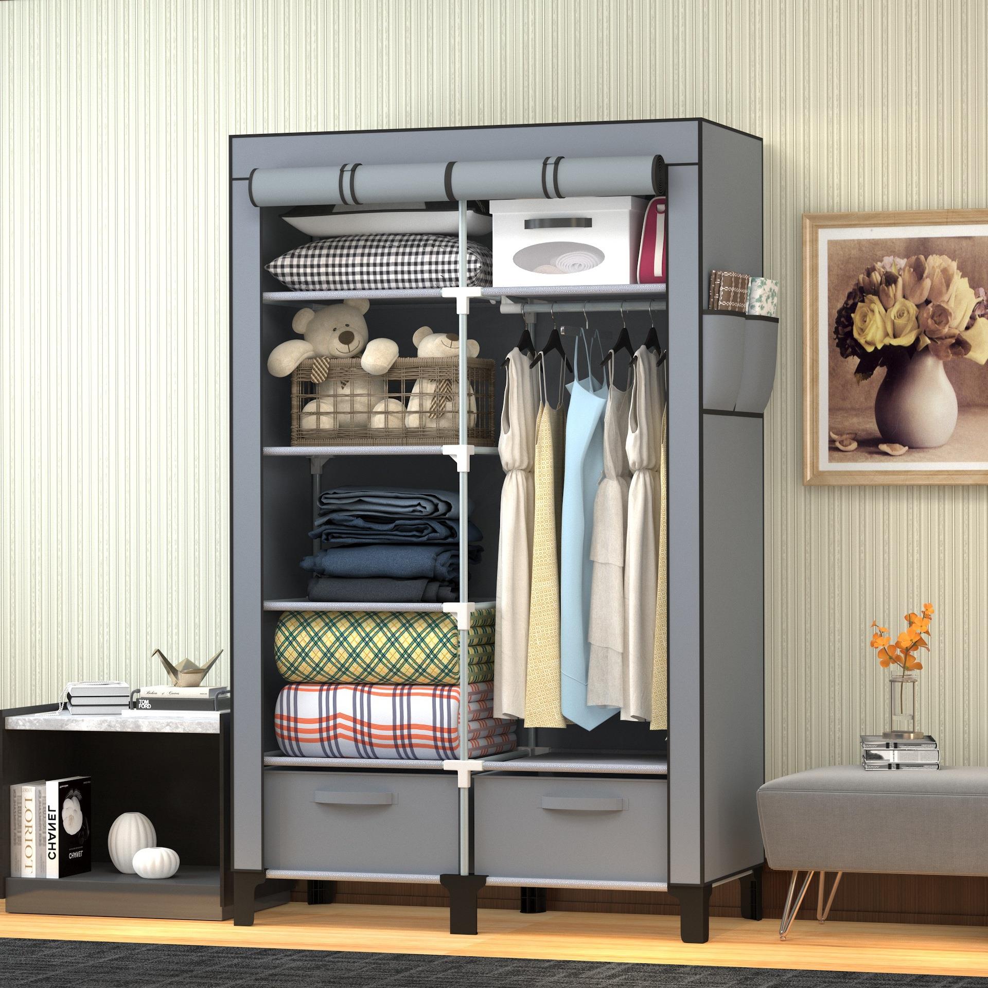 简易衣橱家用出租房宿舍多层格大容量带收纳盒双开门无纺布衣柜