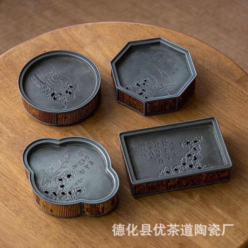 优茶道 老锡壶承八方纯锡茶壶托蓄水茶盘盖碗底托主人垫梅鹿干泡