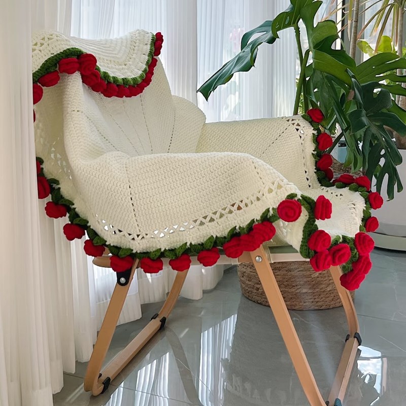 玫瑰花束毯子成品夏季空调毯手工编织午睡毛毯送人生日礼物玫瑰毯