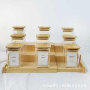 带标签三层阶梯式 方口玻璃密封罐调料架套装 可延展抽拉竹木架子