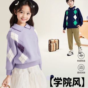 班吉鹿中大童新款菱格套头纯棉毛衣撞色打底针织衫翻领洋男童外套