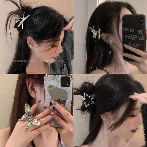 银色蝴蝶抓夹女2025新款高级感小号后脑勺鲨鱼夹半扎发头饰发卡