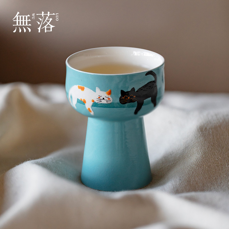 无落 景德镇创意手绘可爱喵咪大高足茶杯仙女茶器捂手杯功夫茶具