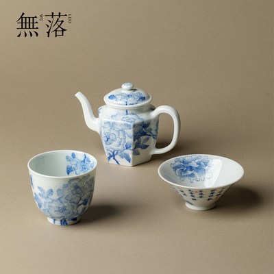 青堂造物 景德镇青花手绘牡丹花六方茶壶茶杯主人杯高端陶瓷茶具