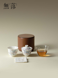 高端手绘陶瓷蓝白粉彩盖碗一壶两杯汽车户外旅行茶具收纳袋