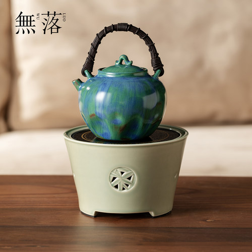 无落高端手工官绿釉松研提梁壶煮茶茶具越窑青瓷禾风电陶炉烧水炉