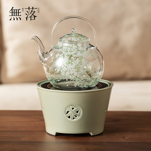 无落 高端纯手工玻璃煮茶炉青瓷底座电陶炉家用透明加热茶壶套装