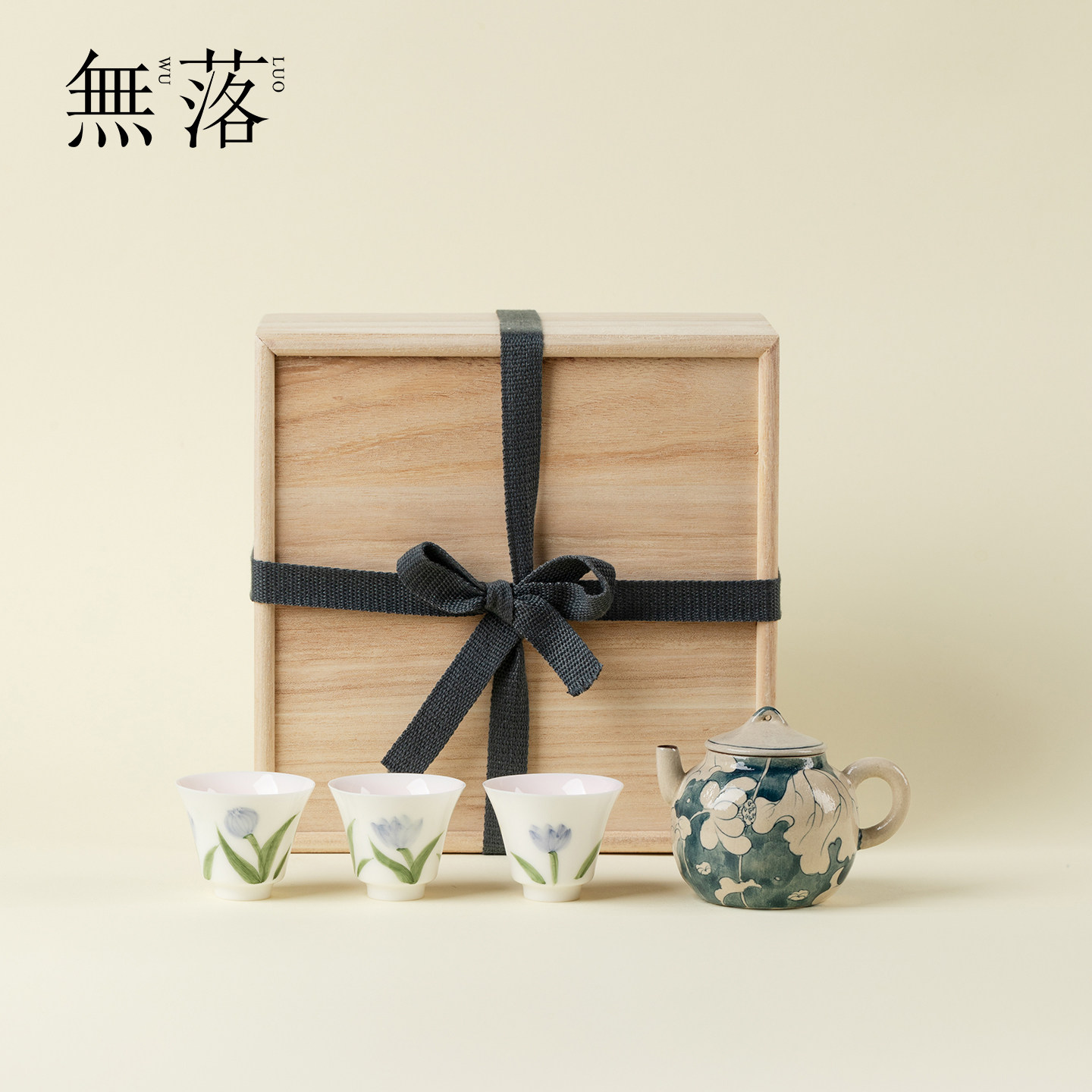 无落 青花手绘一壶三杯礼盒装高档手工木盒茶壶茶杯功夫茶具套装