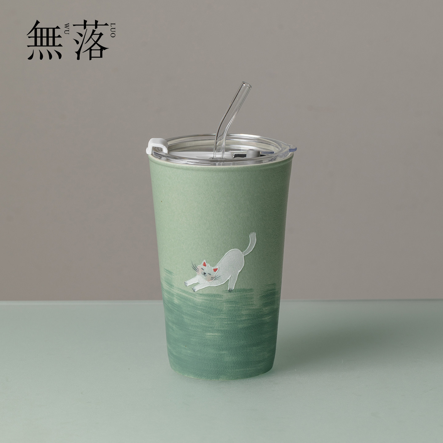 无落 云青猫憩手绘陶瓷直饮杯新中式女生吸管喝水杯高颜值随行杯图片