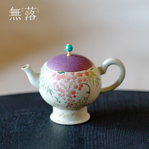 无落手绘紫藤戏鱼茶壶绿松石壶纽焦糖釉复古手工茶器功夫茶具单壶