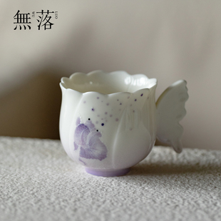 渐变紫手绘陶瓷蝴蝶杯女士高颜值主人杯高档功夫茶具品茗杯 无落